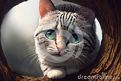 Curious cat looking at the camera in a tree hollow, fisheye portrait, AI generated Stock Photo