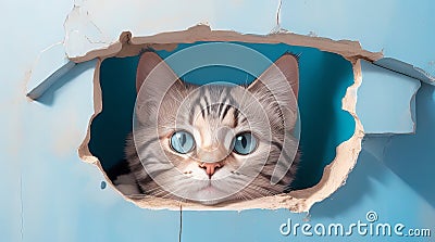 Curious Cat Peeking Out of Hole in Solid Blue Wall. Stock Photo