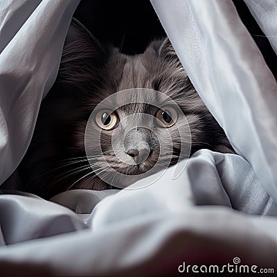 curious cat peers through a gap in the satin material, locking eyes with the camera. Stock Photo