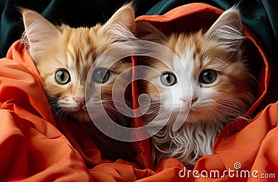 curious cat peers through a gap in the satin material, locking eyes with the camera. Stock Photo