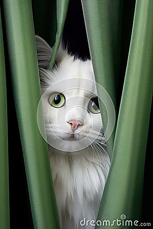 curious cat peers through a gap in the satin material, locking eyes with the camera. Stock Photo