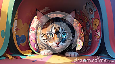 Curious Cat Tunnel Adventure.AI Generated Stock Photo