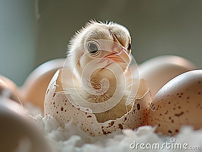 Curious chick peering out from its speckled egg, a moment of awakening Stock Photo