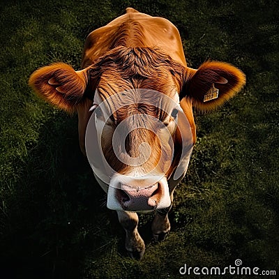 curious cow looking up, embodying the essence of farm life and rural tranquility. Stock Photo