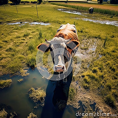 curious cow looking up, embodying the essence of farm life and rural tranquility. Stock Photo