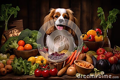 Curious Cute dog near fruits. Generate Ai Stock Photo