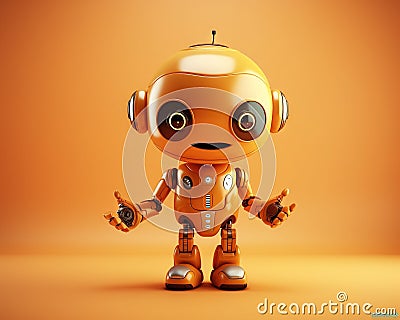 curious and cute little robot is on a warm tone background. Cartoon Illustration