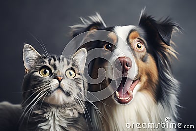 Curious dog and cat with a surprise expression staring at the camera with blank space for text Stock Photo