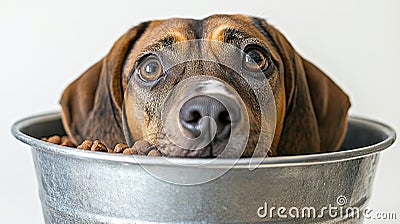 A curious dog's head peeks from a metal bowl filled with kibble Stock Photo