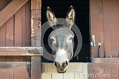 curious donkey peeking its head over stable door Stock Photo