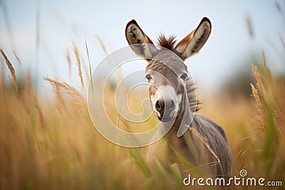 curious donkey with sharp ears amidst tall grasses Stock Photo