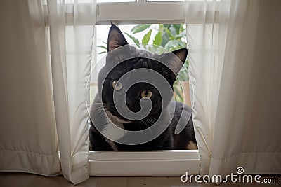 Curious Feline s Secret Hideout.AI Generated Stock Photo