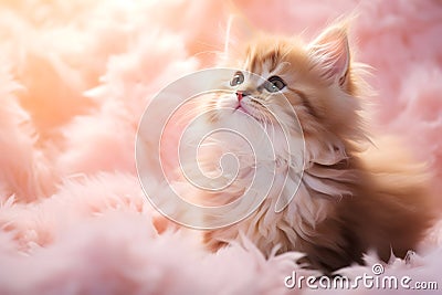 Curious fluffy kitten in peach fuzz feathers. Little cat sitting in luxurious soft pink fur. Adorable cat background, cozy vibe. Stock Photo