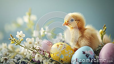 A curious fluffy yellow feathers chick nestled among pastel colored Easter eggs and blooming flowers on a minimal blue backdrop. Stock Photo