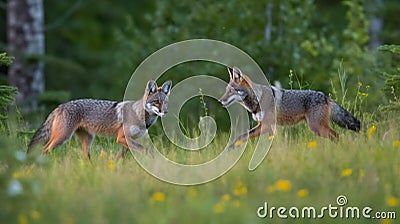 Curious Foxes at Play in Forest Meadow Stock Photo