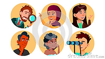Curious Happy Multicultural Character Set Vector Vector Illustration