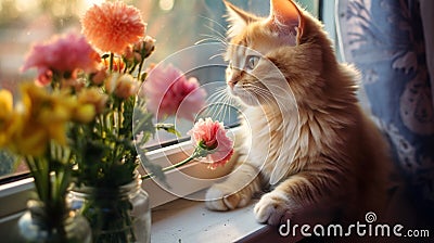 Curious Kitten Sniffs Flower in Close-up Shot generated by AI tool Stock Photo