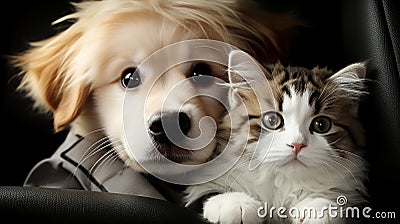 Curious kitten and playful puppy staring eagerly into the camera lens, adorable friends Stock Photo