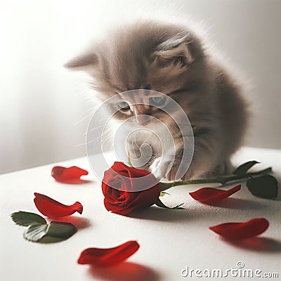 Curious kitten sniffs rose. AI Generated Stock Photo