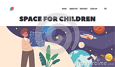 Curious Little Child Space Observation Landing Page Template. Astronomy Science, Kids Education, Hobby, Studying Vector Illustration