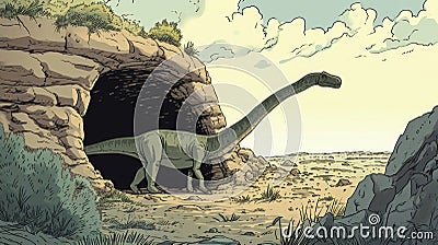 A curious longnecked dinosaur peers into a burrow with its elongated neck trying to catch a glimpse of the creatures Stock Photo