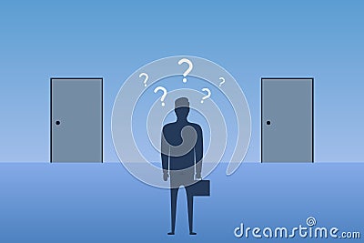 Businessman standing in front of closed doors and choosing in which door to enter. Concept of choice the best way in business. Vector Illustration