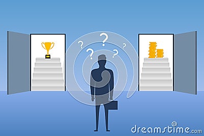 Businessman standing in front of open doors and chooses in which door to enter with trophy cup or money. Concept of choice way. Vector Illustration