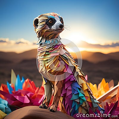 A curious meerkat, its alert origami form standing tall amidst a folded paper desert landscape by AI generated Stock Photo