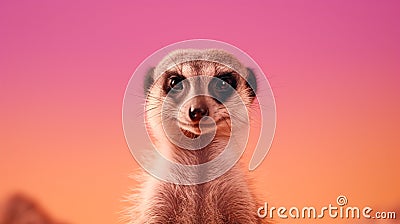 A curious meerkat standing against a soft pink background Stock Photo