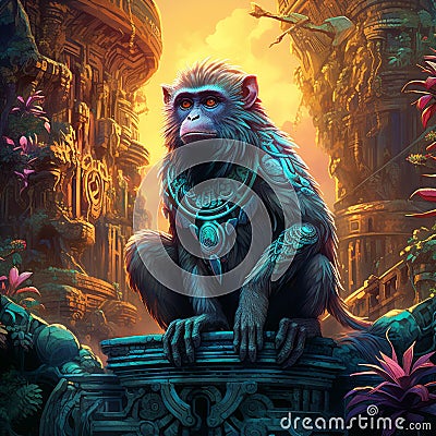 Curious Monkey atop Ancient Ruin in Lush Jungle Stock Photo