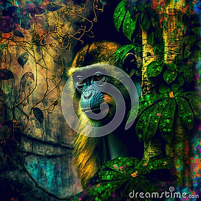 Curious monkey in surreal abstract jungle (generative AI) Stock Photo