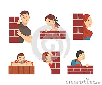 Curious people peeking from behind brick wall set cartoon vector illustration Cartoon Illustration