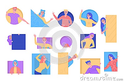 Curious people peeping out set, young men and women looking out of geometric figures vector Illustration. Vector Illustration