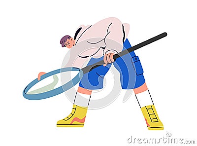 Curious person with magnifying glass, lens in hand. Tiny man with loupe, searching, looking and finding. Curiosity Vector Illustration