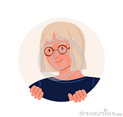 Curious person peeping from behind round hole, searching and watching for smth. Portrait of happy young woman in Vector Illustration