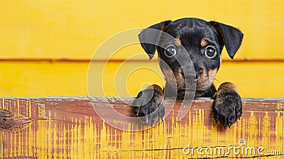 Curious puppy with paws up peeking over yellow wooden background, copy space for text. Stock Photo