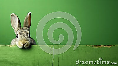 Curious Rabbit Peeking Around the Corner on Green Background AI Generated Cartoon Illustration