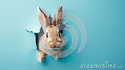 Curious Rabbit Peeking Through a Torn Blue Paper Wall. Generative ai Cartoon Illustration