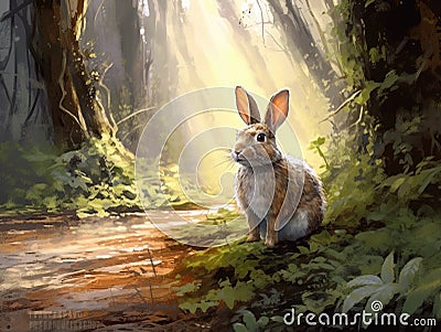 Curious Rabbit Venturing Through a Serene Woodland Landscape Stock Photo