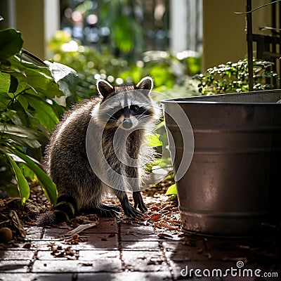 Curious Raccoon Explores Trash Can in Lush Backyard Stock Photo