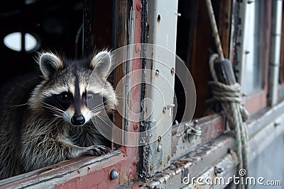 curious raccoon peeking out of boat cabin window Stock Photo