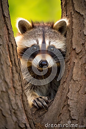 A curious raccoon peering out from behind a tree trunk Stock Photo