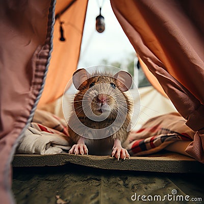 A curious rat stands at the entrance of a tent, peeking out into the surrounding area. Stock Photo