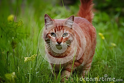 Curious red cat explores outdoor surroundings with attentive gaze Stock Photo