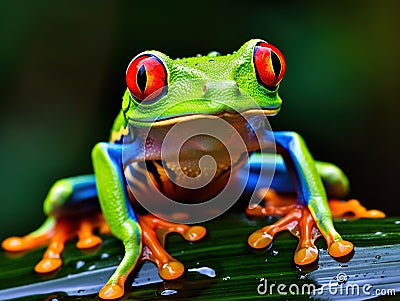 Ai Generated illustration Wildlife Concept of Curious red eyed green tree frog costa rica Cartoon Illustration