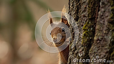 Curious red squirrel peeking behind the tree trunk. AI Generative Stock Photo