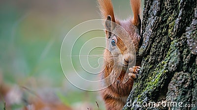 curious red squirrel peeking behind the tree trunk. AI Generative Stock Photo