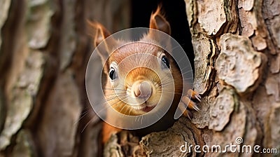 Curious red squirrel peeking behind the tree trunk. generative ai Stock Photo