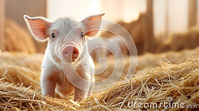 Curious small piglet in the farm with empty copy space. Pink pig . Generative AI Stock Photo