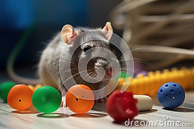 A curious and social rat playing with toys, such as a small ball or a tunnel. Generative AI Stock Photo